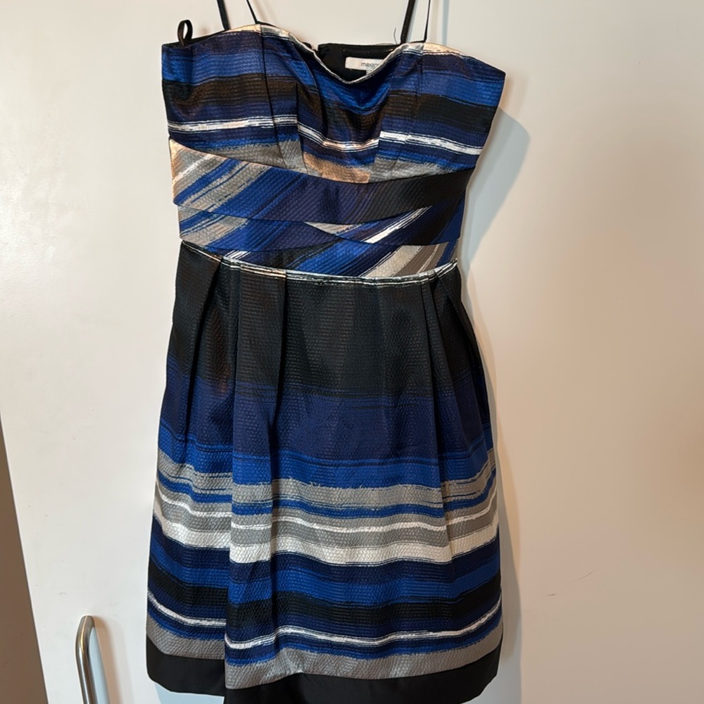 NWT max and and Cleo blue silver black strapless mini dress a line size 6